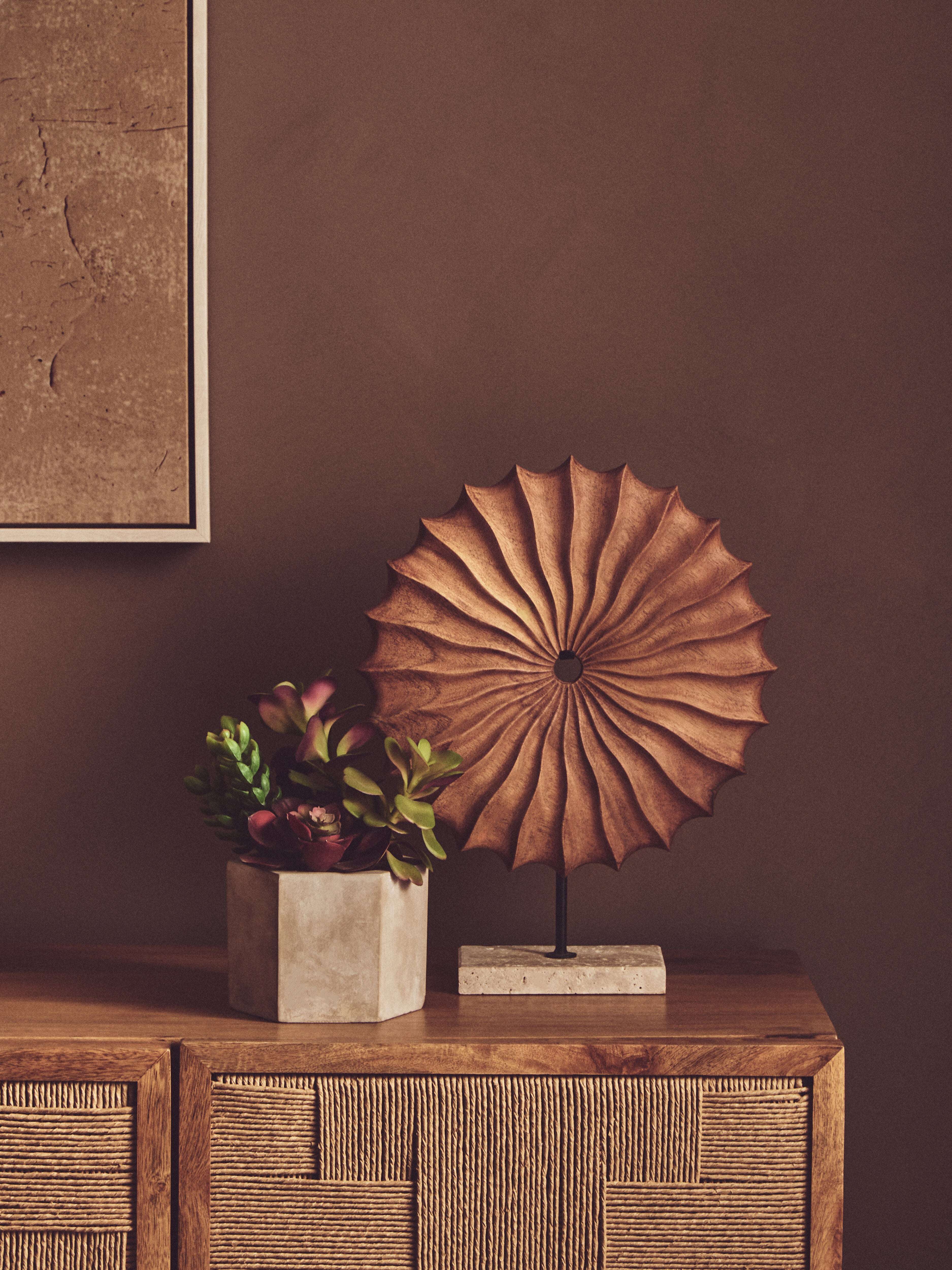 Lindos Natural Wood Round Sculpture with Travertine Base